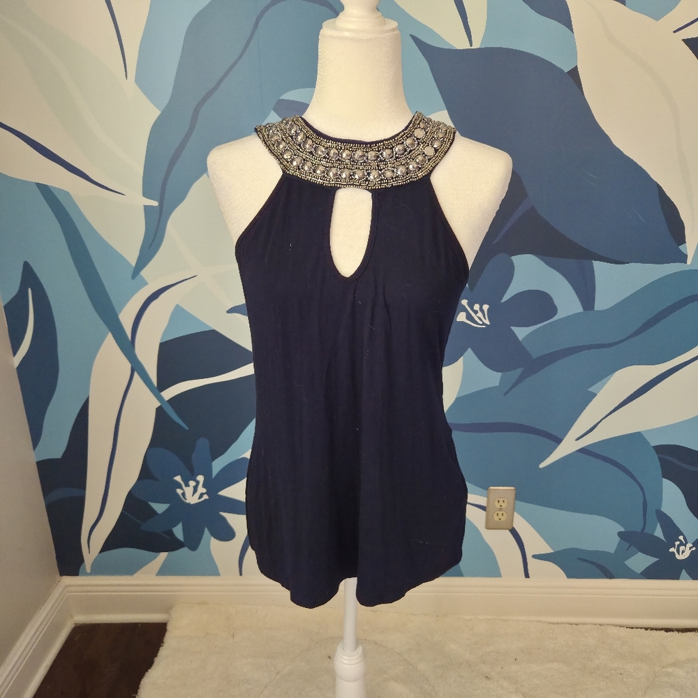 Boston Proper Blue Embellished Sleeveless Tank Top